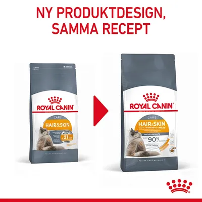 Royal Canin Hair & Skin kattmat, bild på gammal och ny förpackning. Text: Ny produktdesign, samma recept.