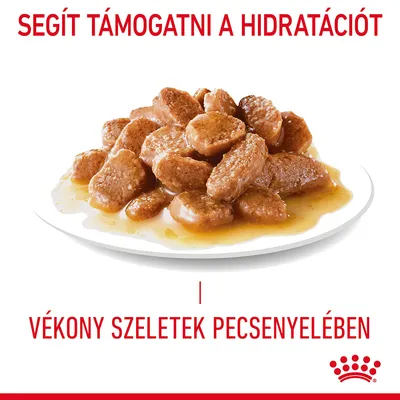 Segít támogatni a hidratációt. Vékony szeletek pecsenyelében. Tálon szószos hússzeletek láthatók. Royal Canin márkajelzés alul.