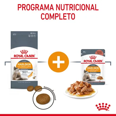 Royal Canin Hair & Skin para gatos: embalagem de ração seca e saqueta de comida húmida, ambos com o texto 'PROVEN RESULTS 90% of owners', imagem de croquetes e pedaços em molho. Royal Canin Hair & Skin para gatos: embalagem de ração seca e saqueta de comida húmida, ambos com o texto 'PROVEN RESULTS 90% of owners', imagem de croquetes e pedaços em molho.
