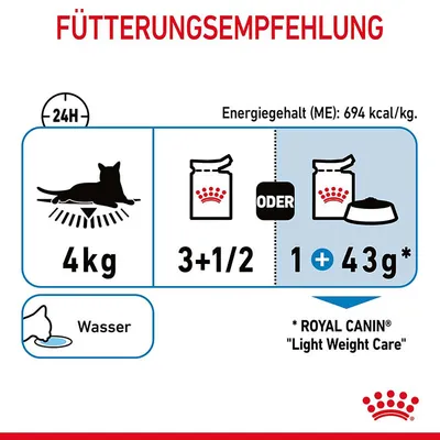 Fütterungsempfehlung für Katzen: 4kg Körpergewicht, 3+1/2 Beutel oder 1 Beutel + 43g Trockenfutter. Energiegehalt: 694 kcal/kg. Wasser bereitstellen. Royal Canin Light Weight Care.