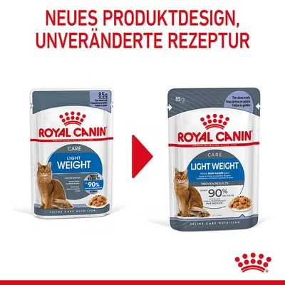 Royal Canin Light Weight Care, neues Produktdesign mit unveränderter Rezeptur. Verpackung zeigt Katze und Hinweis auf 90% bewiesene Ergebnisse bei Gewichtskontrolle in 8 Wochen.