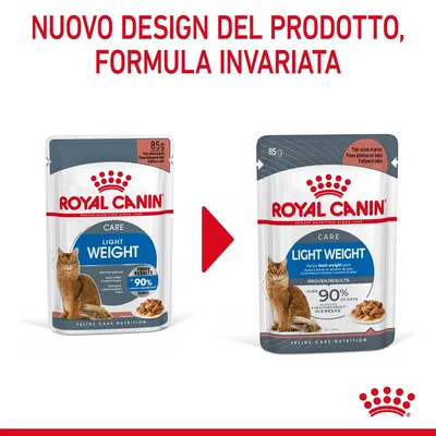 Confronto tra vecchio e nuovo design della confezione Royal Canin Light Weight Care 85 g per gatti. Testo in alto: 'Nuovo design del prodotto, formula invariata'.