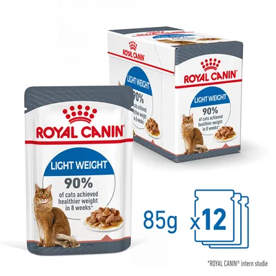 ROYAL CANIN Light Weight våtfoder för katt, 85 g x 12. Text: 90% of cats achieved healthier weight in 8 weeks. Bild på katt och foderbitar. Förpackning och portionspåse synliga.