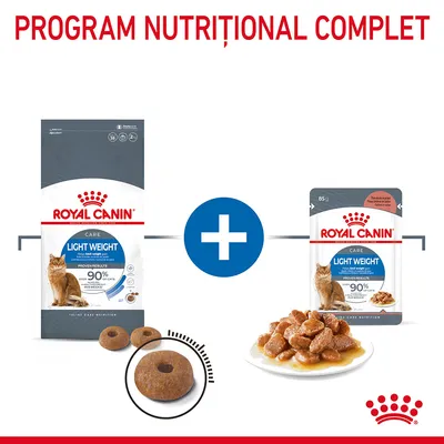 Program nutrițional complet Royal Canin Light Weight: imagine cu sac de hrană uscată și plic de hrană umedă pentru pisici, plus granule și porție de hrană în sos. Text vizibil: 90 %.