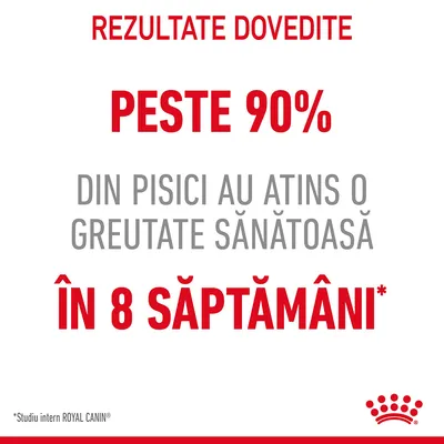 Rezultate dovedite: peste 90% din pisici au atins o greutate sănătoasă în 8 săptămâni. *Studiu intern ROYAL CANIN.