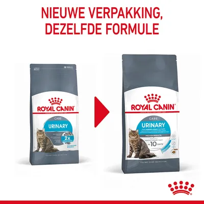 Royal Canin Care Urinary kattenvoer, oude en nieuwe verpakking naast elkaar. Bovenaan: 'Nieuwe verpakking, dezelfde formule'.