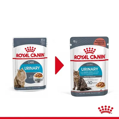 Стара и нова опаковка на Royal Canin Urinary Care 85 г за котки. Видими са снимки на котки, храна в сос и текст: 'Helps maintain urinary tract health', 'IN 10 DAYS'.