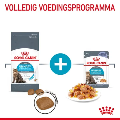 Royal Canin Urinary Care kattenvoer: zak droogvoer, pouch natvoer 85g en brokjes op bord. Tekst: VOLLEDIG VOEDINGSPROGRAMMA.