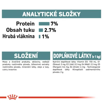 Analytické složky: protein 7 %, obsah tuku 2,7 %, hrubá vláknina 1 %. Složení: maso a živočišné produkty, obiloviny, minerální látky. Doplňkové látky: vitamíny, železo, měď, mangan, zinek.