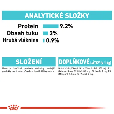 Analytické složky: protein 9,2 %, obsah tuku 3 %, hrubá vláknina 0,9 %. Složení: maso a živočišné produkty, obiloviny, minerální látky, cukry. Doplňkové látky: vitamíny a minerály.