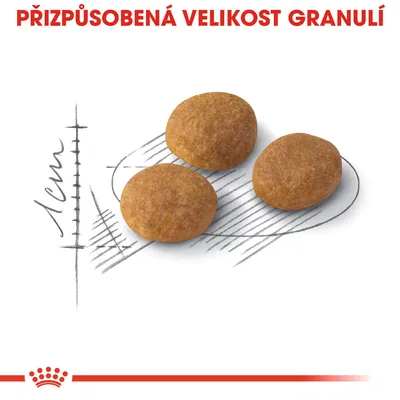 Přizpůsobená velikost granulí, tři kulaté granule s nákresem měřítka 1 cm pod nimi.