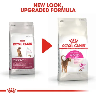 Royal Canin Exigent cat food old and new packaging side by side. Text above: New look, upgraded formula. Left pack: Exigent 33. Right pack: Feline Preference Aroma Exigent.