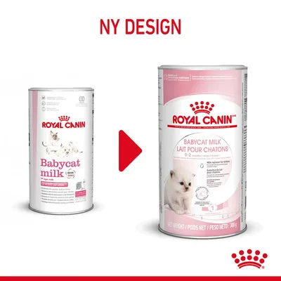 Royal Canin Babycat Milk, bild på gammal och ny förpackning med texten 'NY DESIGN'. Båda burkar visar varumärket och produktnamnet tydligt.