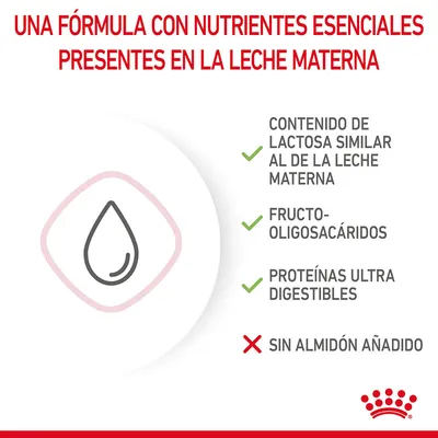 Una fórmula con nutrientes esenciales presentes en la leche materna: lactosa similar, fructo-oligosacáridos, proteínas ultra digestibles, sin almidón añadido. Royal Canin.