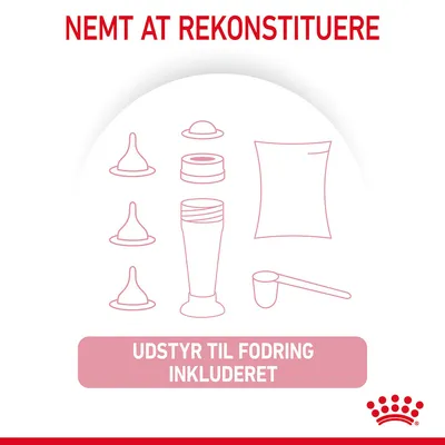 Nemt at rekonstituere. Udstyr til fodring inkluderet. Tegning viser måleske, flaske, poser og forskellige flaskespidser.