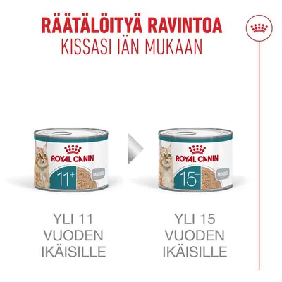 Royal Canin Mousse kissoille 11 vuoden iästä alkaen ja 15 vuoden iästä alkaen, kaksi purkkia ikämerkinnöillä 11+ ja 15+. Royal Canin Mousse kissoille 11 vuoden iästä alkaen ja 15 vuoden iästä alkaen, kaksi purkkia ikämerkinnöillä 11+ ja 15+.