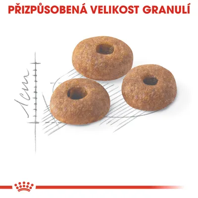 Přizpůsobená velikost granulí, tři granule s průměrem 1 cm zobrazené vedle měřítka. Text: PŘIZPŮSOBENÁ VELIKOST GRANULÍ.