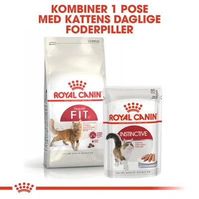 Royal Canin Regular Fit 32 tørfoder og Royal Canin Instinctive vådfoder 85 g. Tekst: Kombiner 1 pose med kattens daglige foderpiller.