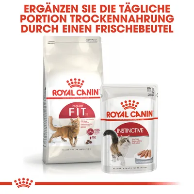 Royal Canin Regular Fit 32 Trockenfutter und Instinctive Frischebeutel für Katzen. Ergänzen Sie die tägliche Portion Trockenfutter durch einen Frischebeutel.