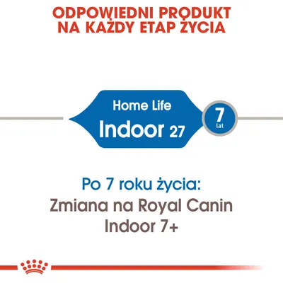 Odpowiedni produkt na każdy etap życia. Home Life Indoor 27, 7 lat. Po 7 roku życia: Zmiana na Royal Canin Indoor 7+.