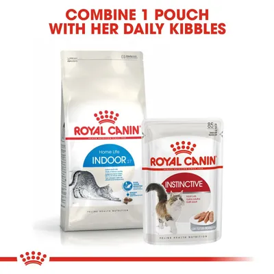 ROYAL CANIN Home Life Indoor 27 dry cat food bag and ROYAL CANIN Instinctive adult cat food pouch, 85g. Text: Combine 1 pouch with her daily kibbles.