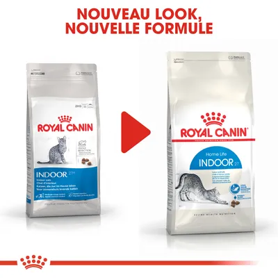 Nouveau look, nouvelle formule Royal Canin Indoor 27 : comparaison de l’ancien et du nouveau paquet avec chat gris, texte visible Home Life Indoor 27, Feline Health Nutrition.