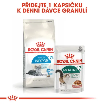 ROYAL CANIN Home Life Indoor 7+ granule a Instinctive 7+ kapsička pro kočky. Text: Přidejte 1 kapsičku k denní dávce granulí.