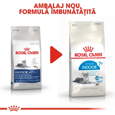 Ambalaj vechi și nou pentru Royal Canin Indoor 7+ hrană pisici, text vizibil: „AMBALAJ NOU, FORMULA IMBUNĂTĂȚITĂ”, pungi cu imagine de pisică și logo Royal Canin.