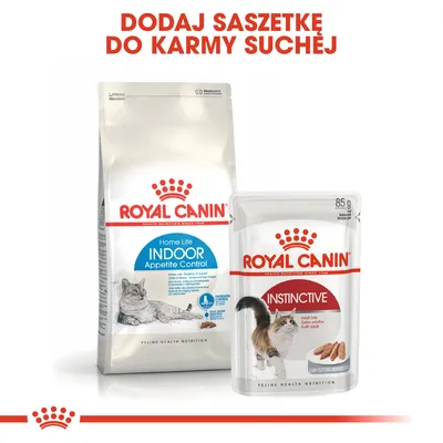 Dodaj saszetkę do karmy suchej. Opakowania Royal Canin: Home Life Indoor Appetite Control oraz Instinctive 85 g dla kotów, widoczne nazwy i grafiki kotów na opakowaniach.