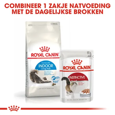 Royal Canin Home Life Indoor Long Hair kattenbrokken en Royal Canin Instinctive natvoeding. Tekst: Combineer 1 zakje natvoeding met de dagelijkse brokken.