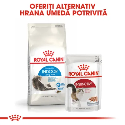 Royal Canin Home Life Indoor Long Hair și Royal Canin Instinctive hrană umedă pentru pisici, pachet 85 g. Text vizibil: Oferiți alternativ hrană umedă potrivită.