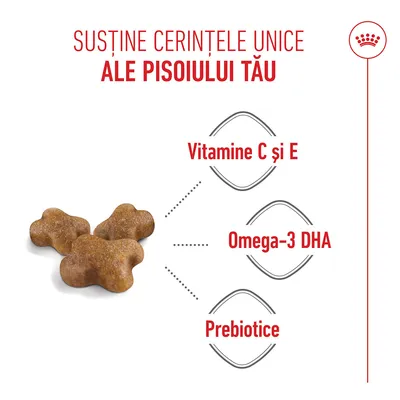 Bucăți de hrană uscată cu indicații privind conținutul de vitamine C și vitamina E, Omega-3 DHA și prebiotice.