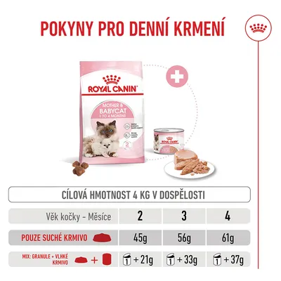 Tabulka krmení pro Royal Canin Mother & Babycat: Ve 2 měsících 45 g granulí nebo 21 g granulí a 1 konzerva vlhkého krmiva, ve 3 měsících 56 g, resp. 33 g + 1 konzerva, ve 4 měsících 61 g, resp. 37 g + 1 konzerva. Tabulka krmení pro Royal Canin Mother & Babycat: Ve 2 měsících 45 g granulí nebo 21 g granulí a 1 konzerva vlhkého krmiva, ve 3 měsících 56 g, resp. 33 g + 1 konzerva, ve 4 měsících 61 g, resp. 37 g + 1 konzerva.