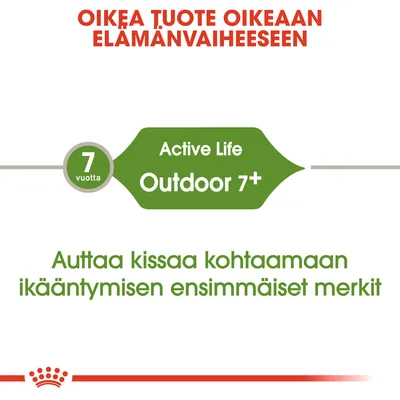 Oikea tuote oikeaan elämänvaiheeseen. 7 vuotta. Active Life Outdoor 7+. Auttaa kissaa kohtaamaan ikääntymisen ensimmäiset merkit.