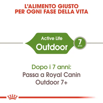 L’alimento giusto per ogni fase della vita. Active Life Outdoor 7 anni. Dopo i 7 anni: Passa a Royal Canin Outdoor 7+.