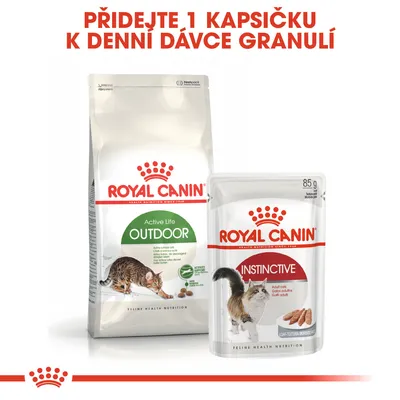 ROYAL CANIN Active Life Outdoor granule a ROYAL CANIN Instinctive kapsička, text: Přidejte 1 kapsičku k denní dávce granulí