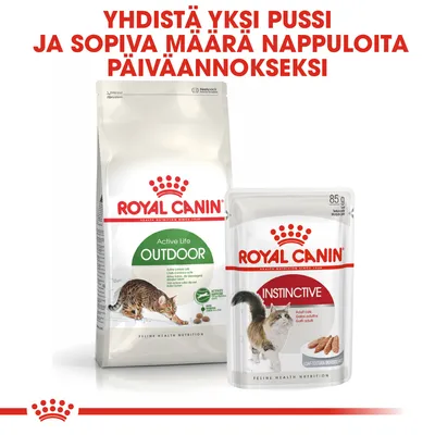 Royal Canin Active Life Outdoor -kuivaruokapakkaus ja Royal Canin Instinctive 85 g märkäruokapussi. Yhdistä yksi pussi ja sopiva määrä nappuloita päiväannokseksi.
