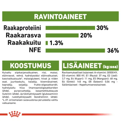 Ravintoaineet: raakaproteiini 30 %, raakarasva 20 %, raakakuitu 1,3 %, NFE 36 %. Koostumus ja lisäaineet: siipikarjanvalkuainen, riisi, maissi, vitamiinit, kivennäisaineet, säilöntäaineet.