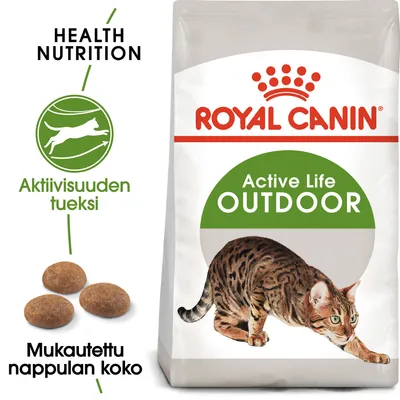 Royal Canin Active Life Outdoor -kissanruokapakkaus, tekstit: Health Nutrition, Aktiivisuuden tueksi, Mukautettu nappulan koko. Kuvassa myös kolme nappulaa ja kissa.