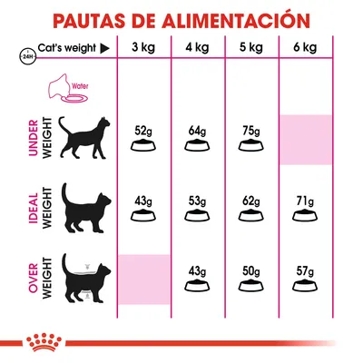 Pautas de alimentación para gatos según peso: 3 kg, 4 kg, 5 kg, 6 kg. Cantidades diarias en gramos para bajo peso, peso ideal y sobrepeso. Incluye icono de agua.