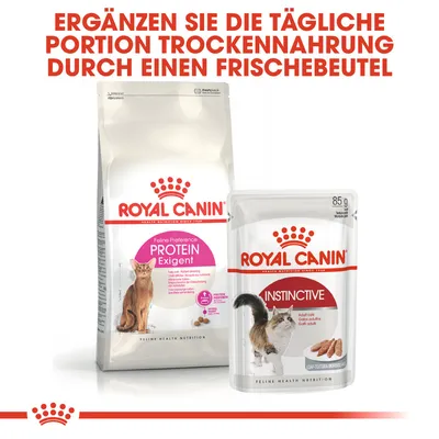 Royal Canin Protein Exigent Trockenfutter und Instinctive Frischebeutel. Ergänzen Sie die tägliche Portion Trockenfutter durch einen Frischebeutel. Packungsgrössen sichtbar.