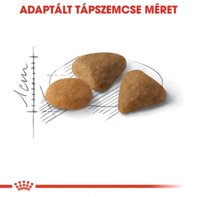 Adaptált tápszemcse méret felirat, három különböző alakú és méretű száraztáp szemcse centiméteres skálával ábrázolva.