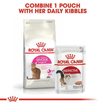 Instructional image showing Royal Canin dry food and wet pouch with the text: Combine 1 pouch with her daily kibbles.