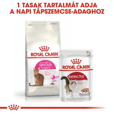 Royal Canin Savour Exigent száraztáp és Royal Canin Instinctive nedves eledel macskáknak. Felirat: 1 tasak tartalmát adja a napi tápszemcse-adaghoz.
