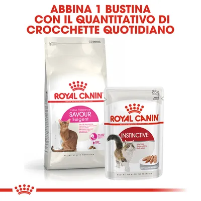 ROYAL CANIN Savour Exigent crocchette per gatti e bustina Instinctive 85 g. Testo: Abbina 1 bustina con il quantitativo di crocchette quotidiano.