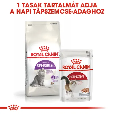 1 tasak tartalmát adja a napi tápszemcse-adaghoz. Royal Canin Sensible 33 száraz macskatáp és Royal Canin Instinctive 85 g nedves eledel csomagolása látható.