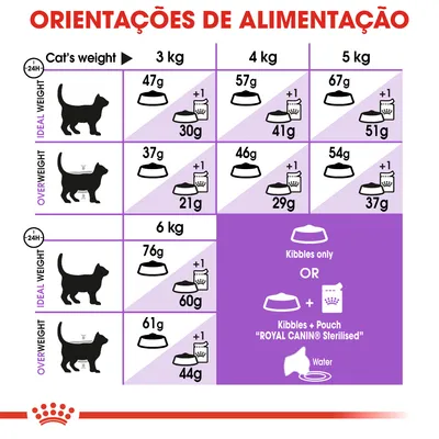 Tabela de orientações de alimentação para gatos com peso ideal ou excesso, dos 3 kg aos 6 kg, indicando quantidades diárias em gramas de ração seca e húmida. Texto parcial em inglês.