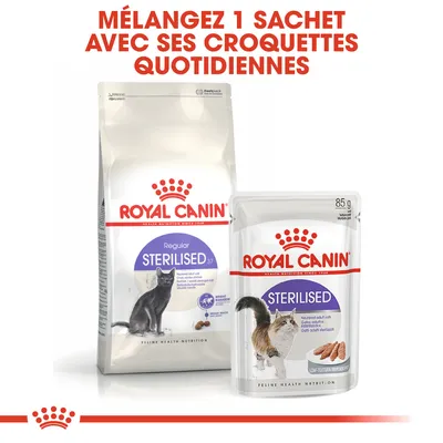 Texte : Mélangez 1 sachet avec ses croquettes quotidiennes. Paquet Royal Canin Regular Sterilised 37 et sachet Royal Canin Sterilised 85 g pour chats stérilisés visibles.