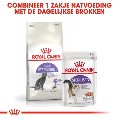 Royal Canin Sterilised kattenvoer: zak droogvoer en 85g natvoeding. Tekst bovenaan: Combineer 1 zakje natvoeding met de dagelijkse brokken.