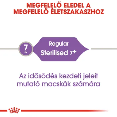Megfelelő eledel a megfelelő életszakaszhoz. 7 év Regular Sterilised 7+. Az idősödés kezdeti jeleit mutató macskák számára.